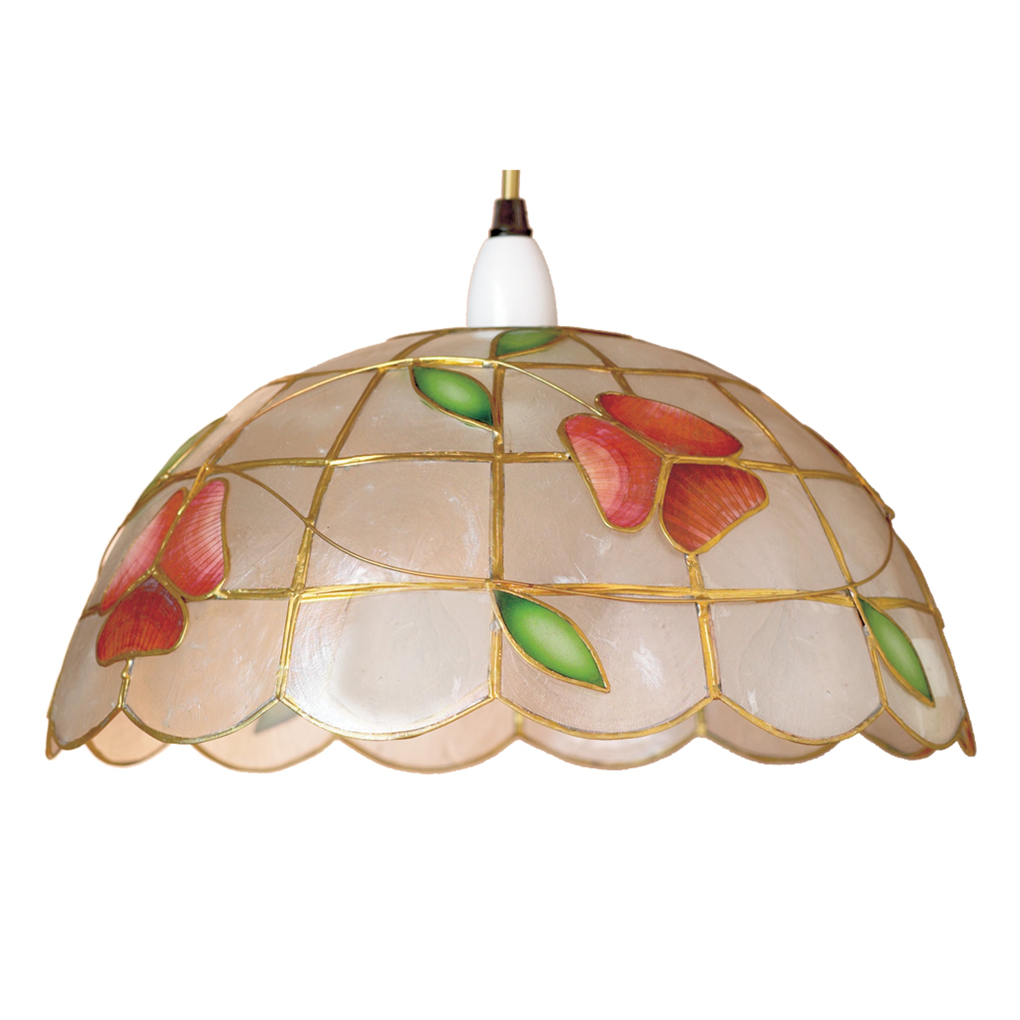 Capiz Shell Pendant Lampshade – Handcrafted Floral Ceiling Light Shade, 30cm, Vintage Style, Red and Green Design