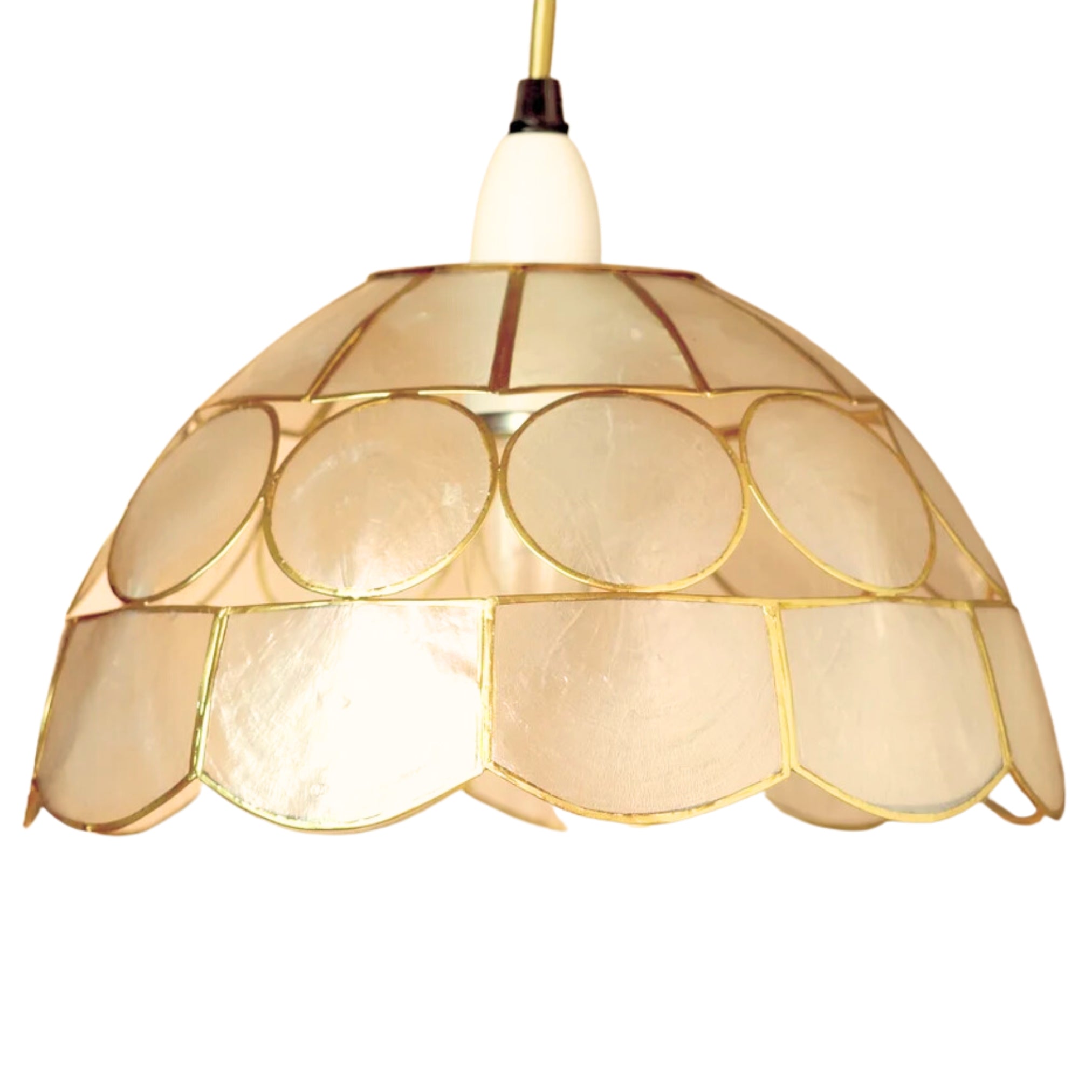 Handcrafted 25cm Capiz Shell Pendant Shade – Natural with Antique Brass Inlay, Dual Shade Ring, Easy Fit