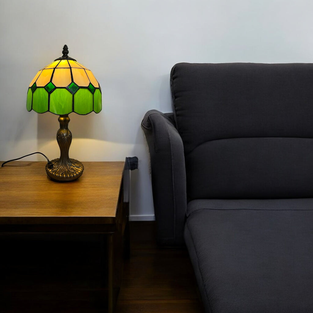 Beige Green Tiffany Bistro 20cm Diameter Table Lamp Complete