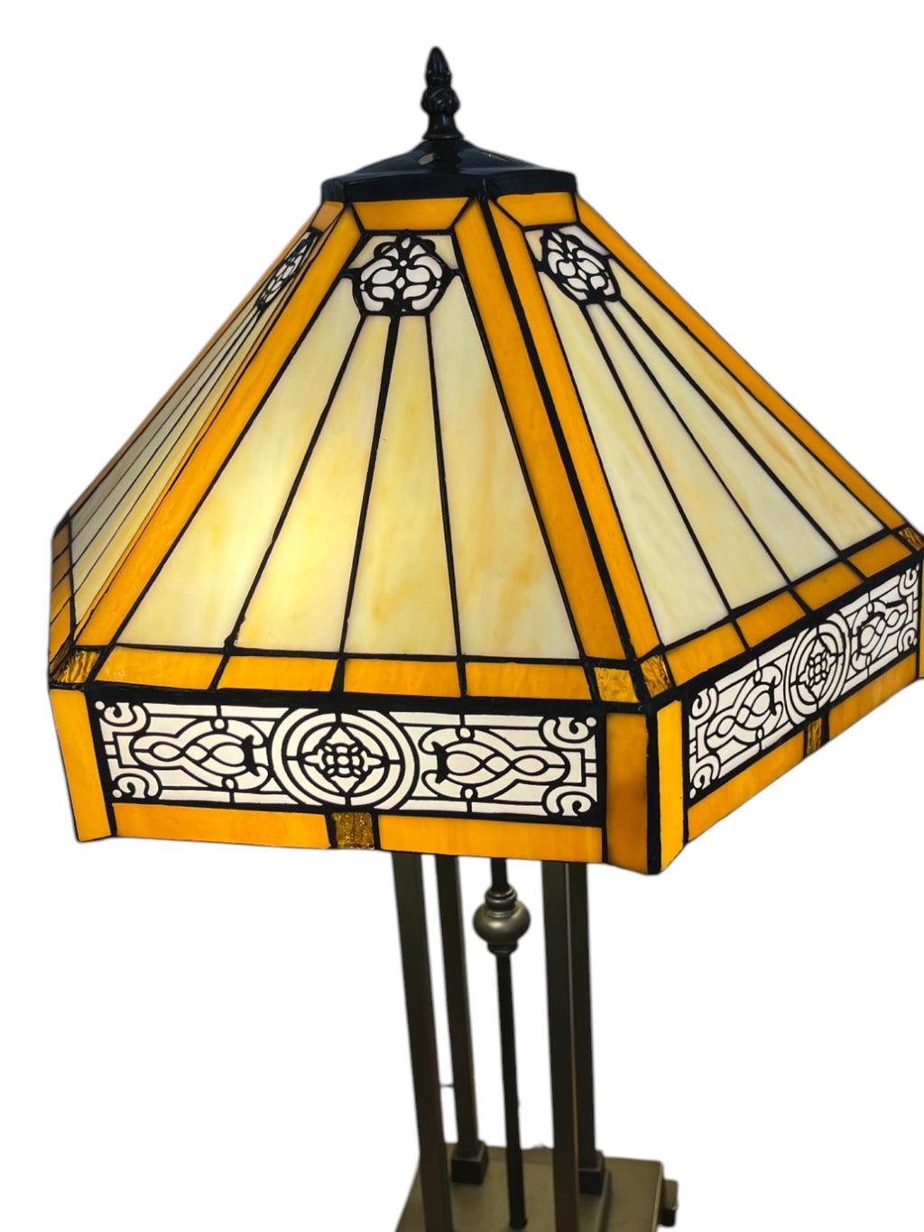 Tiffany Style Table Lamp, 65 cm Height, 41 cm Hexagonal Shade, Art Deco Oriental Design, Antique Bronze Base