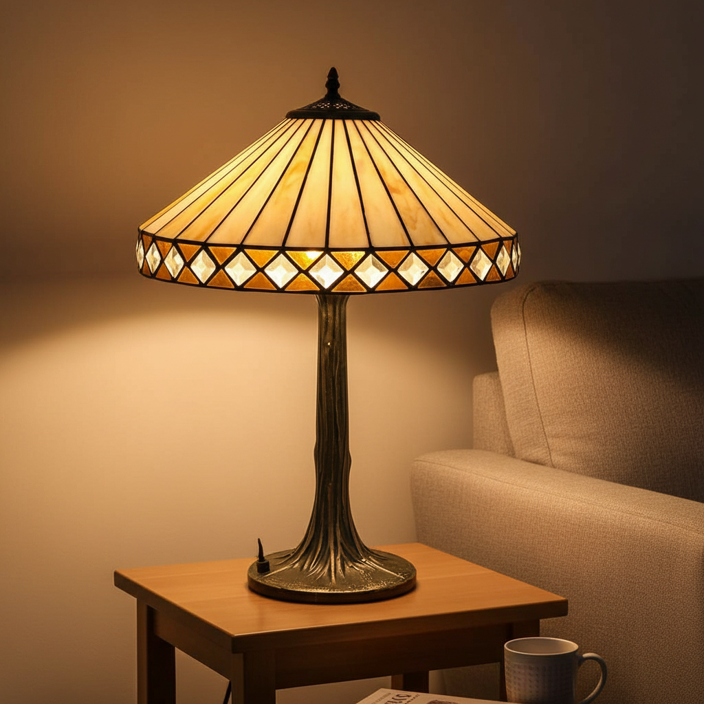 Art Deco Table Lamp, 40.5 cm Diameter Tiffany Style Beige Glass Shade, 60 cm Height, Tree Base