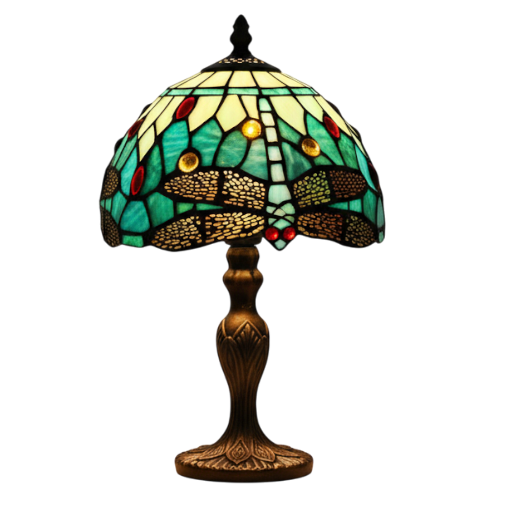 Classic Tiffany Style Table Lamp, 20cm Stained Glass Dragonfly Shade, 37cm Height - Aqua Blue