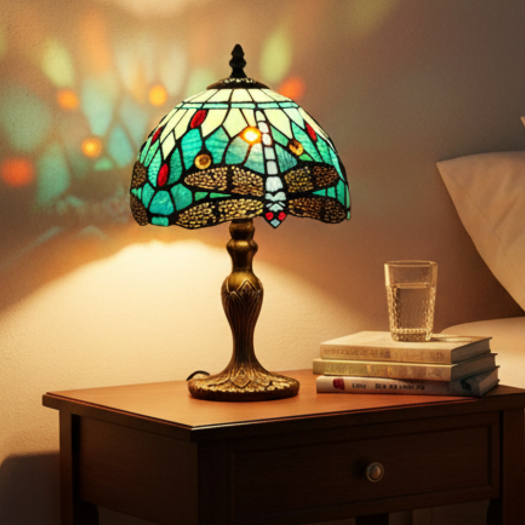Classic Tiffany Style Table Lamp, 20cm Stained Glass Dragonfly Shade, 37cm Height - Aqua Blue
