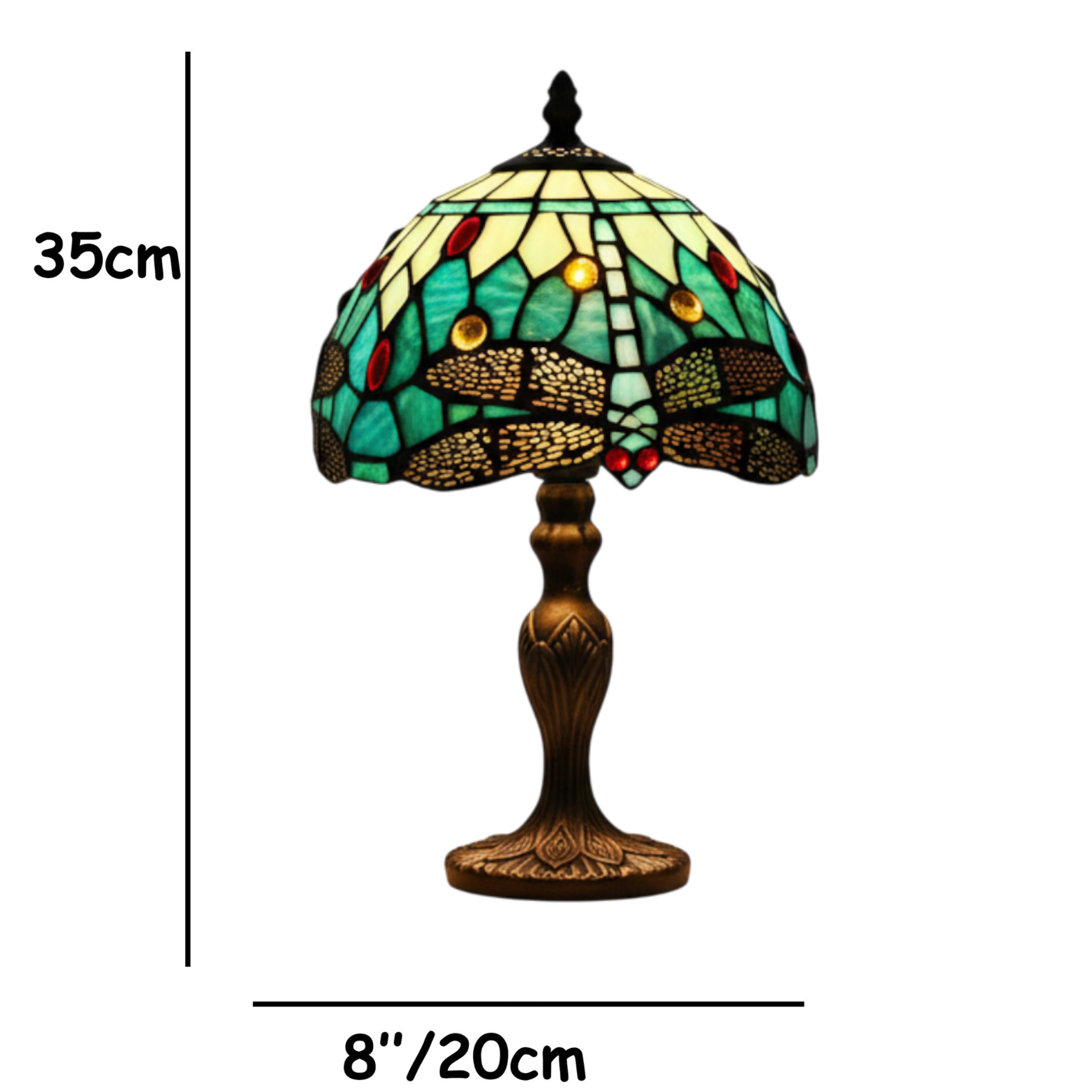 Classic Tiffany Style Table Lamp, 20cm Stained Glass Dragonfly Shade, 37cm Height - Aqua Blue