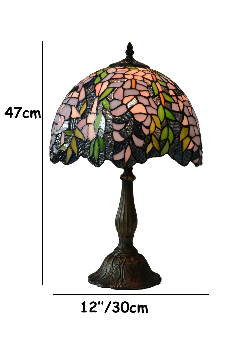 Tiffany Style Stained Glass Table Lamp Complete – Vintage Wisteria Floral Design - 30cm Diameter Shade
