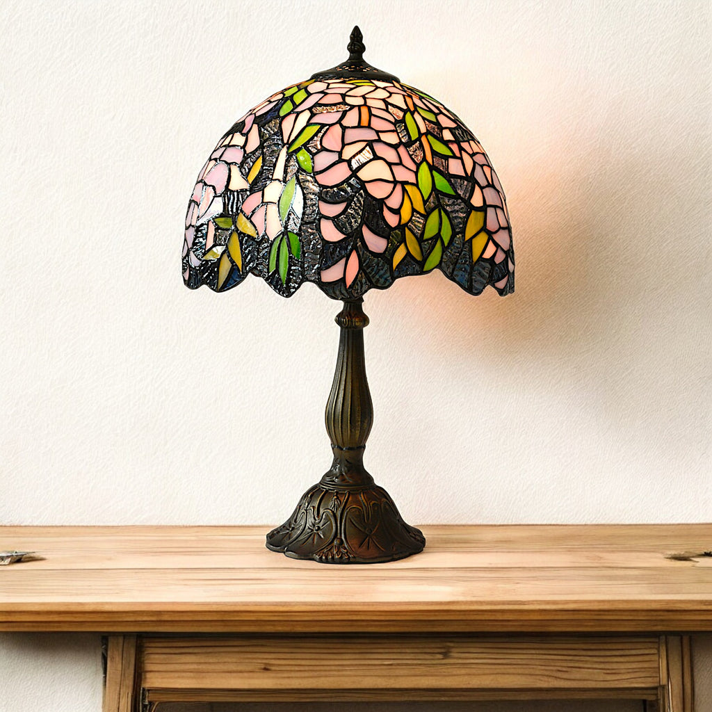 Tiffany Style Stained Glass Table Lamp Complete – Vintage Wisteria Floral Design - 30cm Diameter Shade