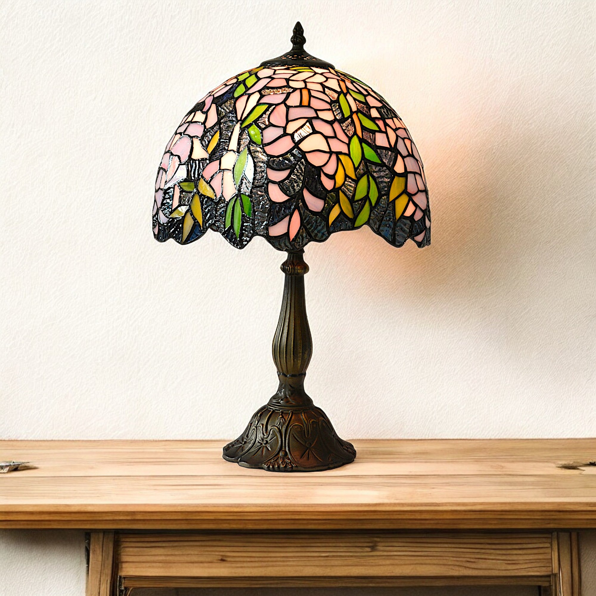 Tiffany Style Stained Glass Table Lamp Complete – Vintage Wisteria Floral Design - 30cm Diameter Shade