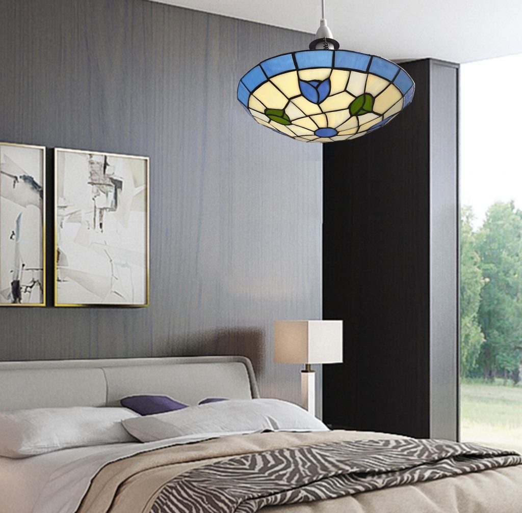 Stained Glass Easyfit Uplighter Pendant Lampshade, 30cm Tulip Design – Tiffany Style Ceiling Light Shade - Blue and Green