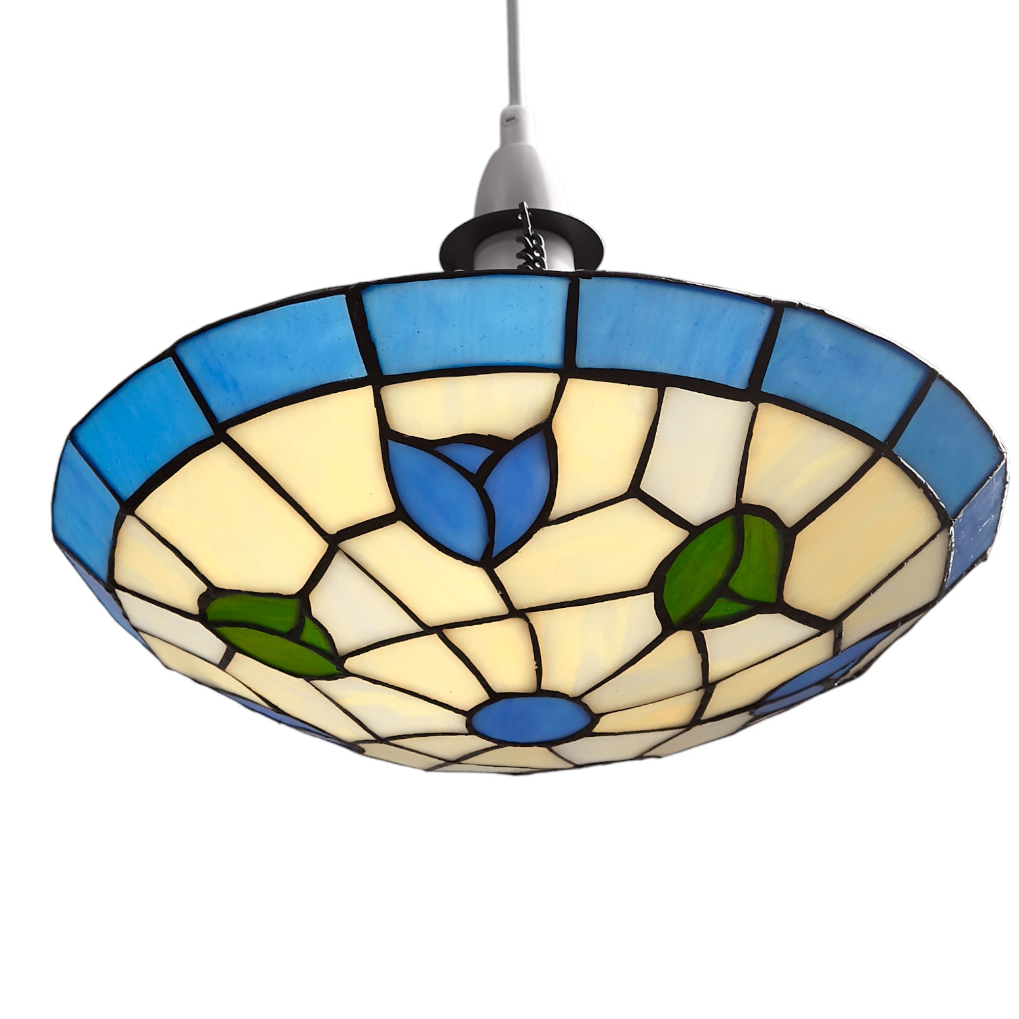 Stained Glass Easyfit Uplighter Pendant Lampshade, 30cm Tulip Design – Tiffany Style Ceiling Light Shade - Blue and Green